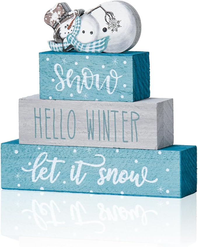 Smile 4 Pcs Christmas Signs, Wooden Tabletop Decor, Let It Snow Hello Winter, Ornaments for Home Shelf Mantel Fireplace.