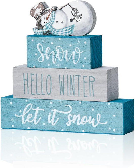 Smile 4 Pcs Christmas Signs, Wooden Tabletop Decor, Let It Snow Hello Winter, Ornaments for Home Shelf Mantel Fireplace.