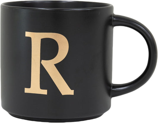 COLLECTIVE HOME - Monogram Ceramic Mugs, 15 oz Golden Initial Black Coffee Cups, Elegant Alphabet Tea Mugs, Elegant Personalized Mug with Gift Box, Unique Mug with Double Side Capital Lette (R)