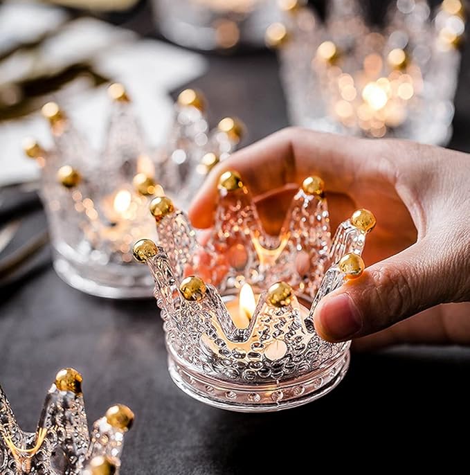 Vixdonos Votive Candle Holders Set of 6 Crown Glass Tealight Candle Holder for Wedding, Party and Home Decor (Gold Tips)
