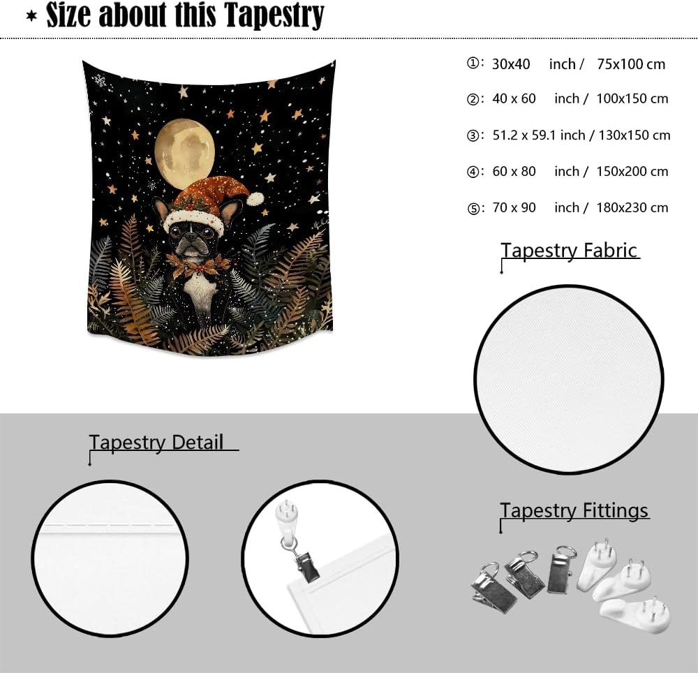 French Bulldog Christmas Tapestry Wall Hanging Cute Dog Santa Hat Moon Pictures Print Pet Lover Gift Funny Christmas Tapestries Aesthetic for Winter Home Nursery Kids Bedroom Decor 30x40inch