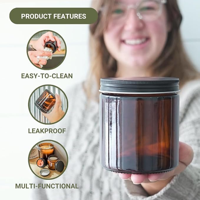 Glass Amber 16oz Jar - 12 Packs, Lead-Free Empty Round Jars For Beauty Products, Lotion, and Powders - Black Lid - Small Candle Jars
