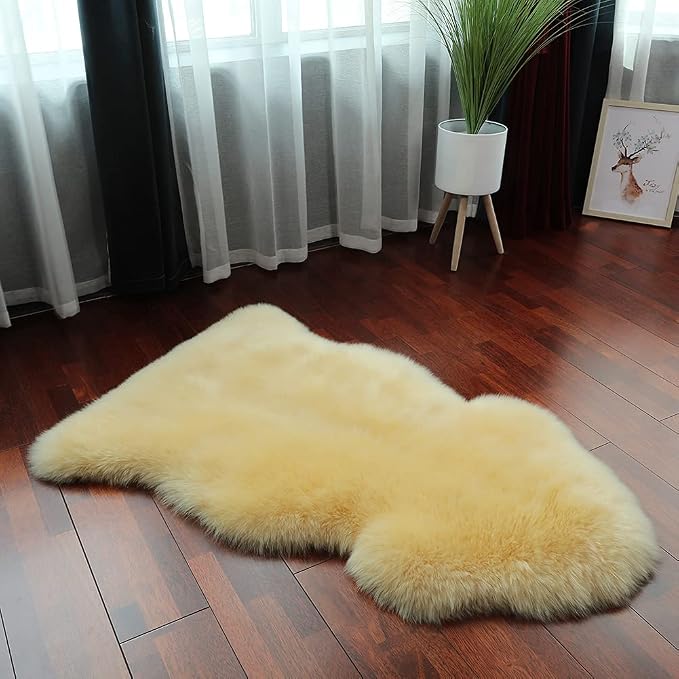 AOGELAN Premium Genuine Sheepskin Rug, Genuine Sheepskin Natural Fluffy Fuzzy Lambskin Fur Area Rug Seat Covers for Kids Bedroom Sofa Chair Cover Pets Dogs Mat Single Pelt/2' x 3' Golden Yellow