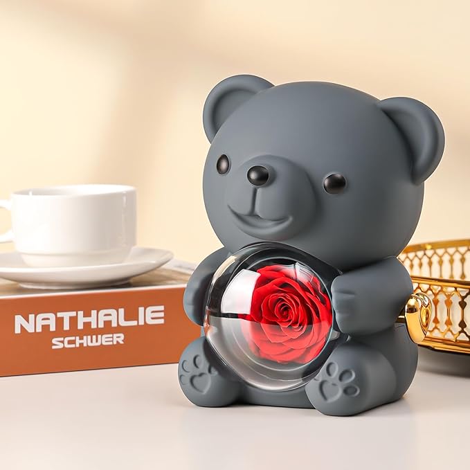 Cute Teddy Bear with Preserved Rose - A Real Rose Flower in Bear with Elegant Gift Box - Romantic Gift for Her in Mother's Day, Weddings, Anniversaries, and Bridal Showers (Grey)