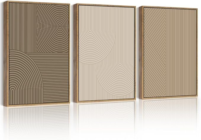 PHOPAGO Boho Mid-Century Modern Framed Wall Art Minimalist Abstract Neutral Line Wall Decor Bohemain Geometric Artwork Kitchen Dining Room - 12x16in Natural Framed