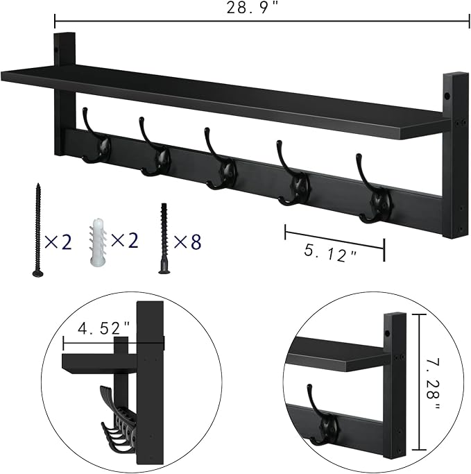 AMBIRD Wall Hooks with Shelf Entryway Hanging Wood Coat Hooks with Shelf Wall-Mounted Coat Hook Rack with 5 Dual Hooks for Bathroom, Living Room, Bedroom (Stylish Black)
