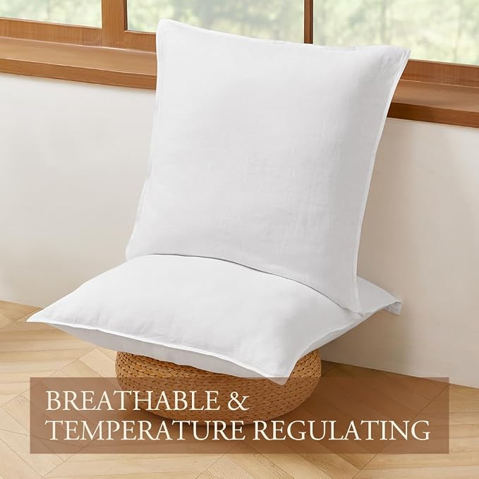 DAPU 100% Linen Euro Shams 26x26 Inches Euro Shams (Pack of 2) with Envelope Closure, Stone Washed Breathable and Cooling (White, Square)
