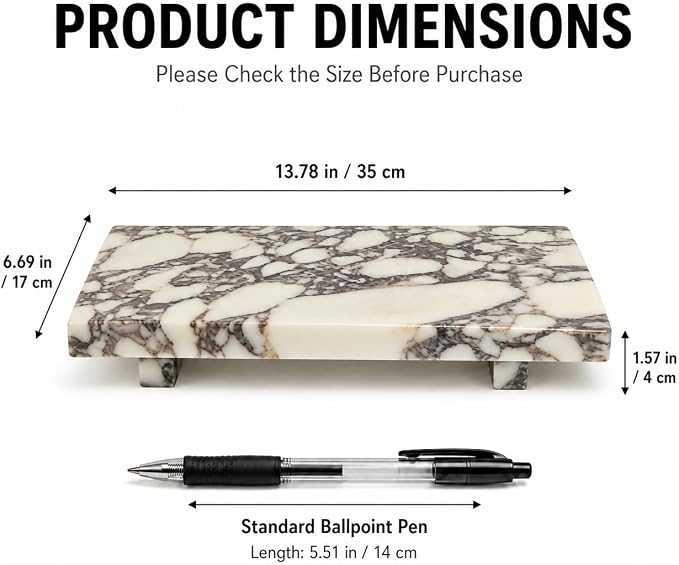 Marble Pedestal Tray Stand for Perfume, Soap & Vanity | 13.8 x 6.7 in Vanity Tray for Jewelry, Keys and Candles, Bathroom Counter, Dresser, Nightstand and Entryway Decor