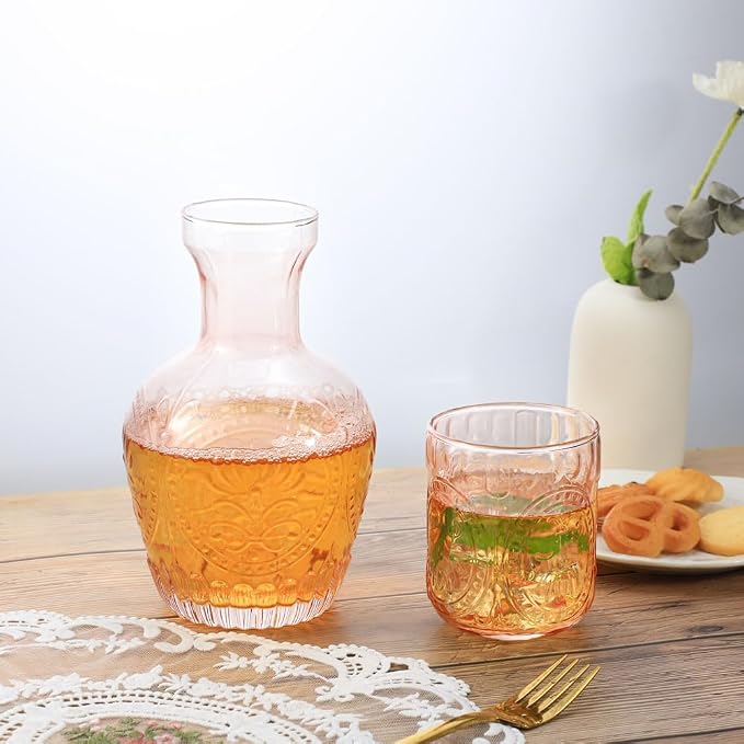 Retro Relief Glass Bedside Night Water Carafe with Tumbler Glass, Pitcher And Cup Night Set-Pink