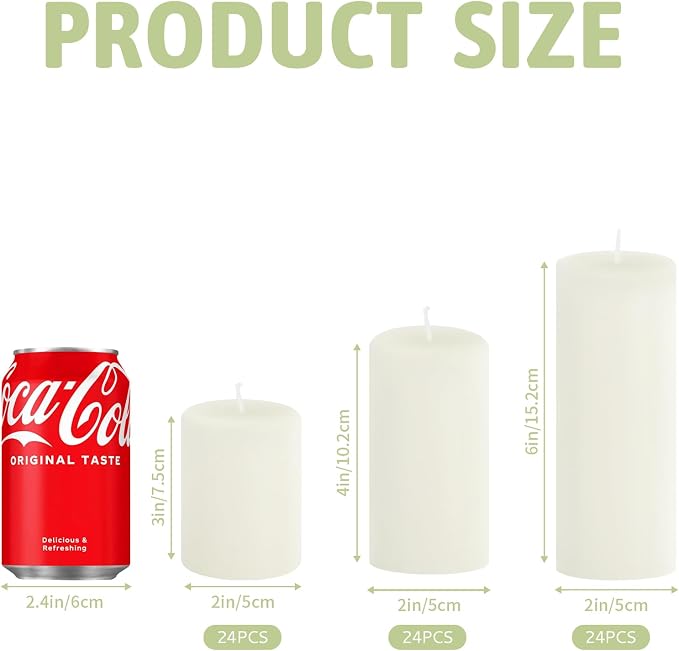 72 Pack White Pillar Candles Bulk Set, 2x3 2x4 2x6 Inch - 24 Each Size, Dripless Smokeless Clean Burning for Wedding Centerpieces, Home Decor, Church, Romantic Ambiance！