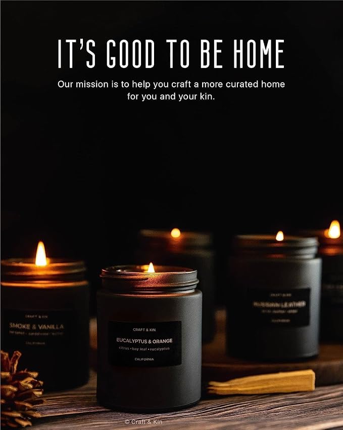 Craft & Kin Premium Orange & Eucalyptus Scented Candle – Long Lasting, 45 Hour Burn Time – Luxury Black Natural Soy Scented Candle for Men with Wood Wick – Room Decor and Aromatherapy – 7.6 oz