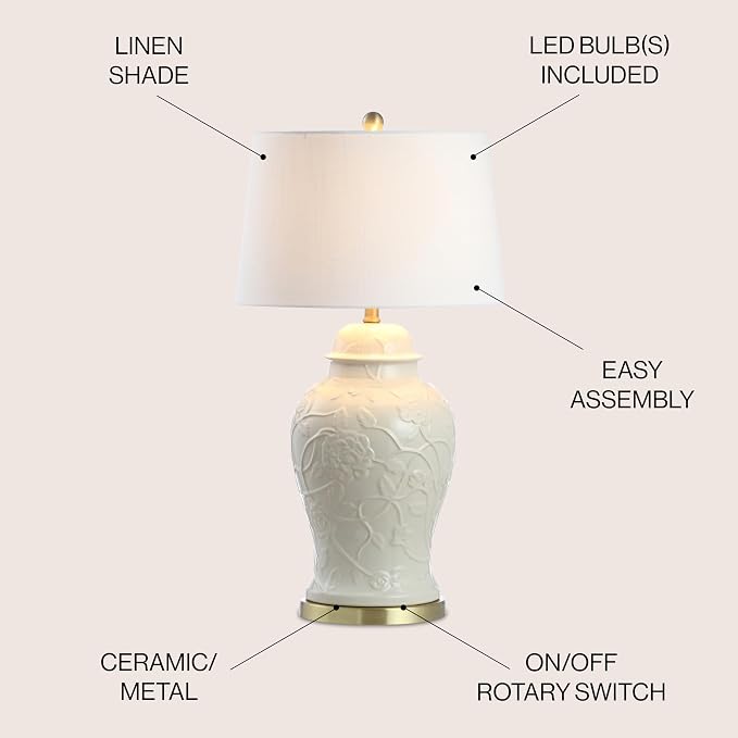 JONATHAN Y 29.5" Cream Ceramic Chinoiserie Table Lamp, Traditional Ginger Jar Lamp for Living Room Bedroom, White Linen Empire Shade, Brass Gold Base, LED Bulb Included JYL6604A