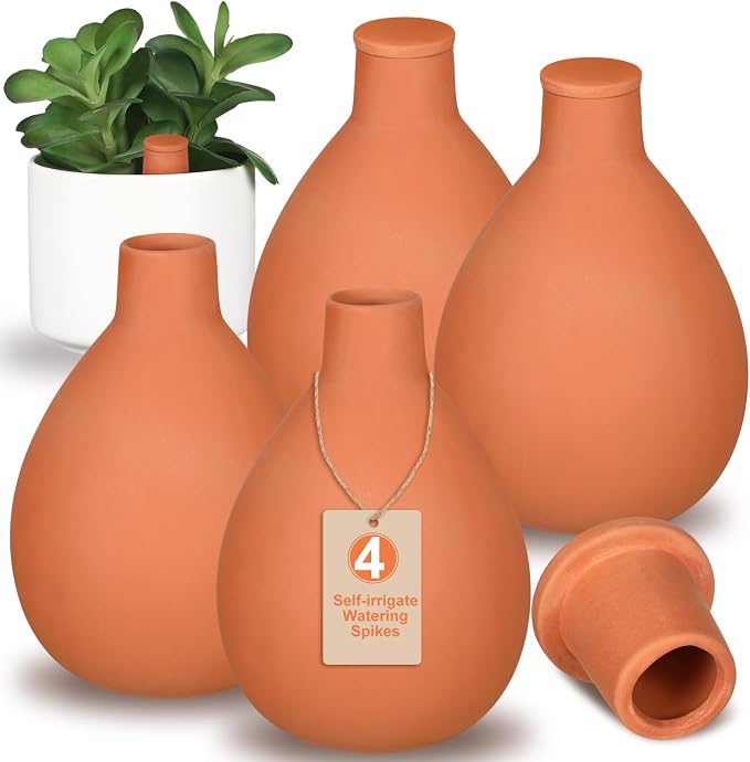 Blushtier 4 Pcs Watering Pots Large Terracotta Watering Pots with Lid 34 oz Terra Cotta Self Watering Pots Water Dripper Automatic Plant Irrigation Devices System for Indoor Outdoor Plants