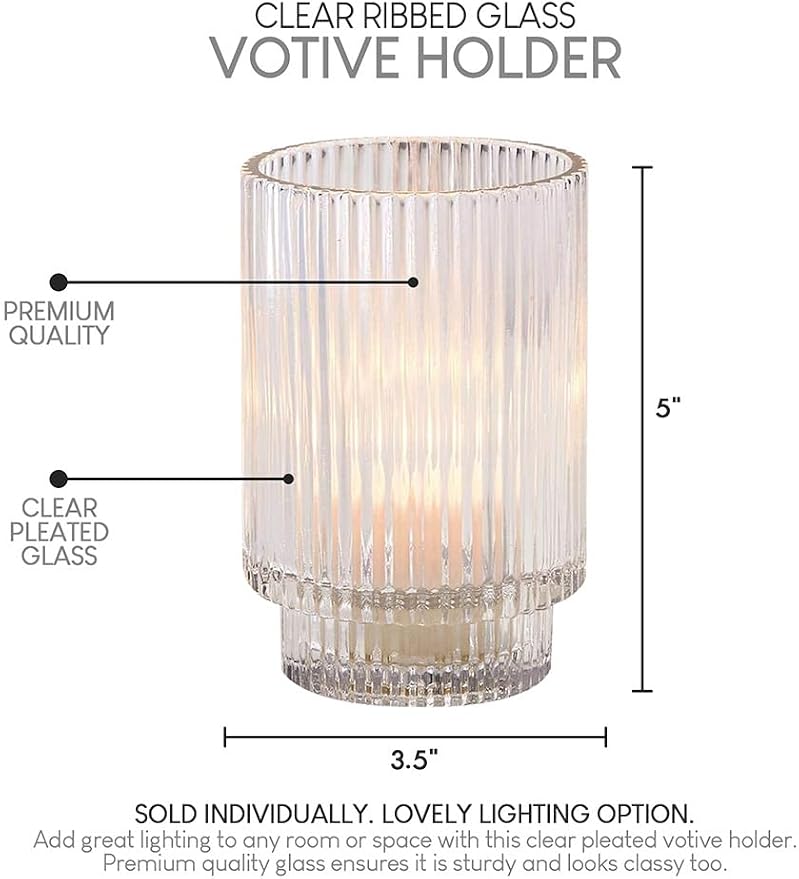 Serene Spaces Living Clear Ribbed Glass Votive Holder, Decorative Centerpiece for Wedding, Christmas, Thanksgiving, Dining Table, Living Room, Home Décor, 3.5" Diameter & 5" Tall, Pack of 24