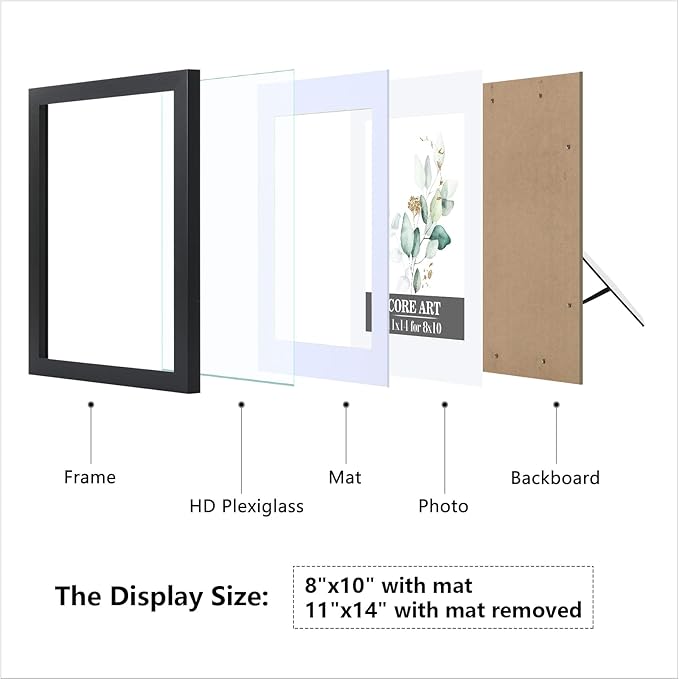 CORE ART 11x14 Picture Frame, Black Picture Frames 8x10 with Mat or 11 x 14 without Mat for Wall or Tabletop Display, Photo Frame Set of 4
