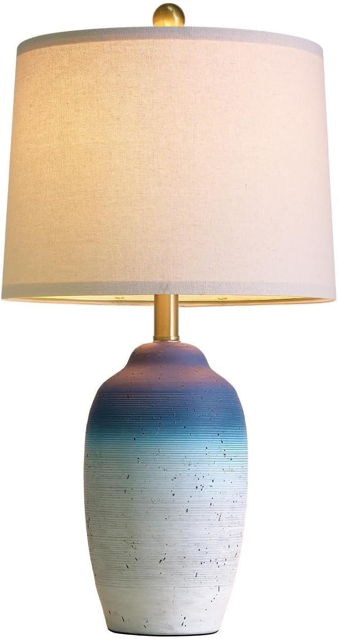 USumkky 24.5" Vintage Ceramic Table Lamp with 5FT Cord - Single Farmhouse Rustic Bedside Lamp with Natural Textured Finish, Nightstand Lamps for Living Room, Bedroom, End Table, Office White and Blue