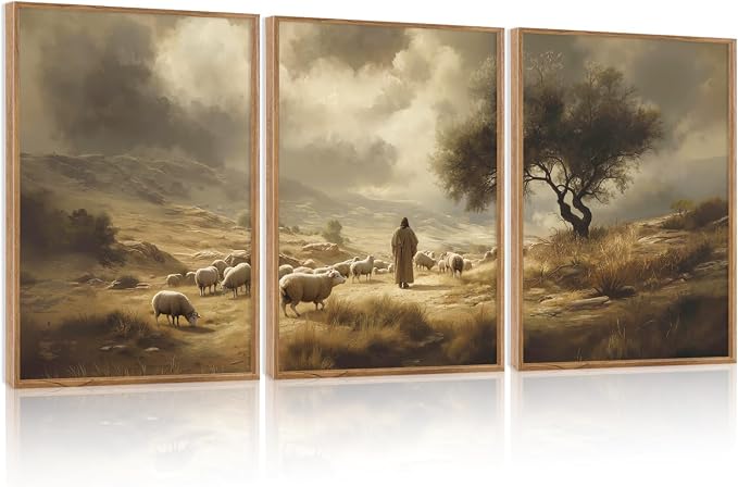 HPNIUB Neutral Jesus Leaves the 99 Sheep Framed Wall Art Set | Easter Lost Lamb Christian Religious Vintage Inspiring Good Shepherd Artwork for Church Room Christian Faith Gift-16''x24''x3