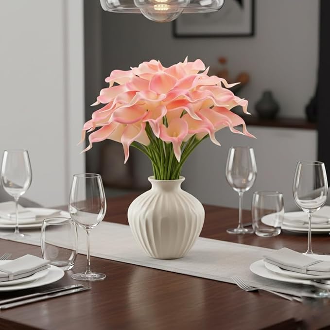 Floral Kingdom 20 Pack 14" Calla Lily Artificial Flowers – Real Touch Blush Pink Latex Faux Flowers for Home Decor, Table Centerpieces, Living Room and Weddings