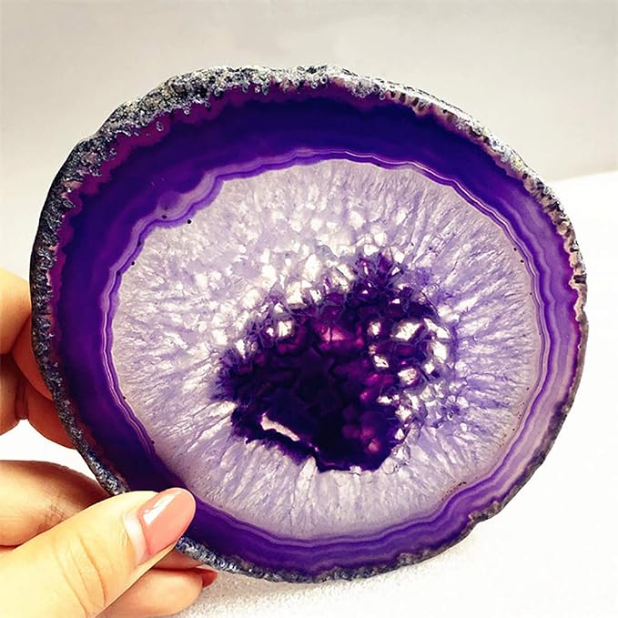 Natural Agate Coasters Set of 4, Dyed Purple 4-5" Geode Slices, Wide Crystal Stone Drink Coasters with Rubber Bumpers for Cups, Mugs & Wine Glasses, Unique Home Decor