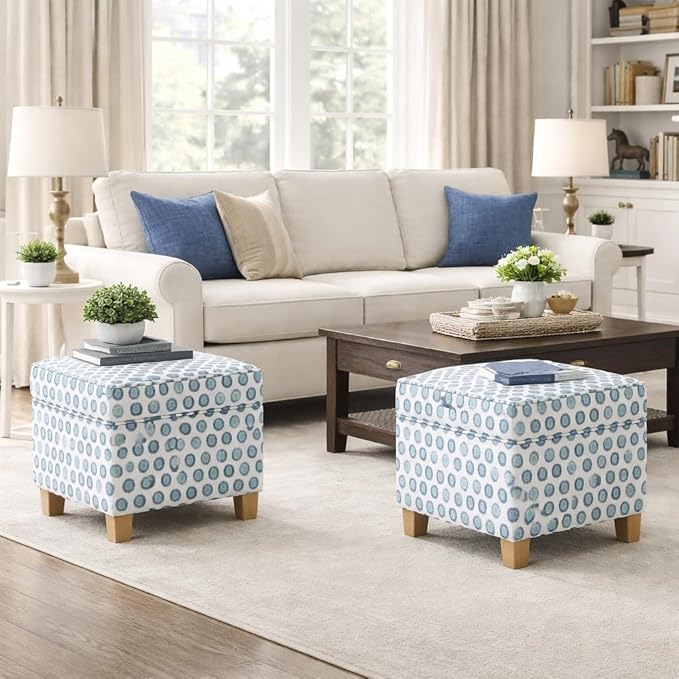 Homepop Home Decor | K7342-A876 | Classic Square Storage Ottoman with Lift Off Lid | Ottoman with Storage for Living Room & Bedroom, Small Multi Green Medallion Ikat Print