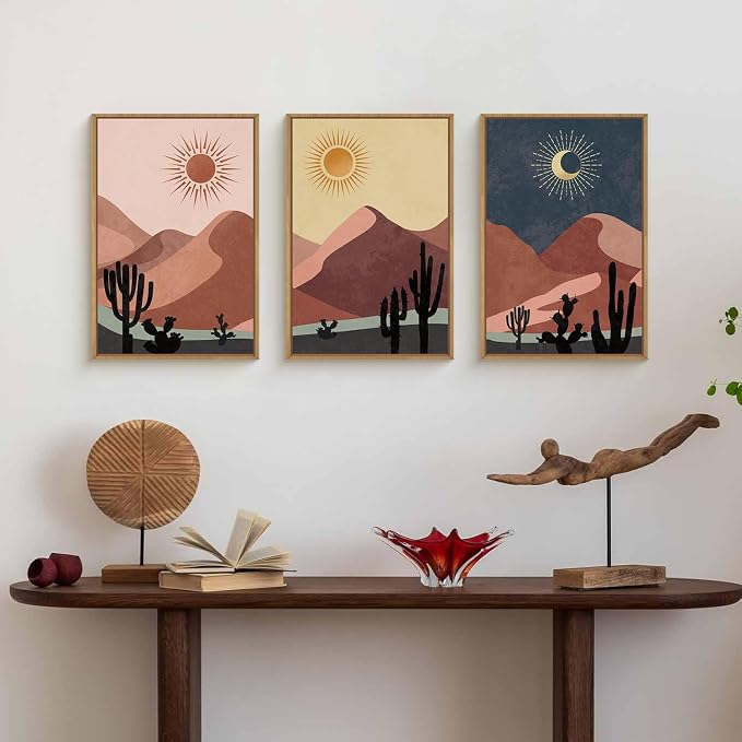 HPNIUB Boho Desert Framed Canvas Wall Art Set, Abstract Sun and Moon Wall Decor, Modern Cactus Art Prints, Mid Century Southwestern Landscape Artwork for Living Room, Bedroom, Office-16''x24''x3