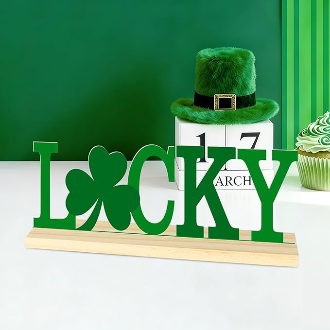 Metal St. Patrick’s Day LUCKY Table Sign, St. Patrick’s Day Tabletop Decoration with Wood Base, Green Shamrock Holiday Centerpiece Sign Decor for Home, Office, Shelf, Mantel Party Supplies