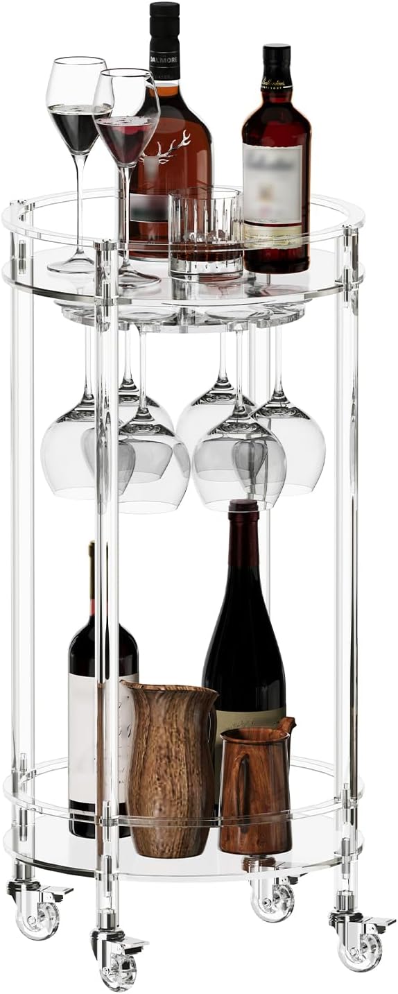 Eglaf Acrylic Bar Cart, Rolling Round Bar Cart, 2-Tier Home Serving Cart | Clear Bar Cart with Lockable Wheels, Glass Holders, for Bar, Living Room, Kitchen, 15.7" D x 15.7" W x 31.1" H