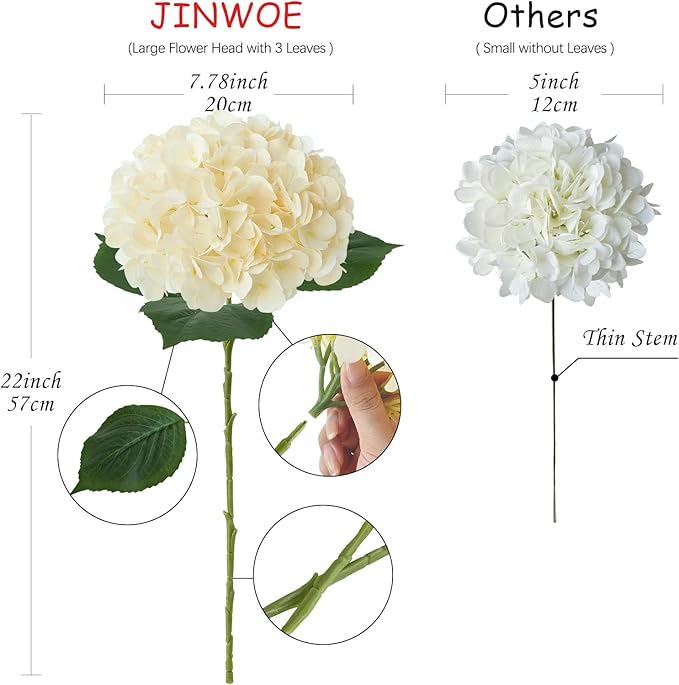 JINWOE Boho Silk Hydrangea Artificial Flowers, 4Pcs 22" Large Lifelike Flowers,Artificial Hydrangeas for Indoor Bouquet Table Centerpieces Home（Cream/Yellow）