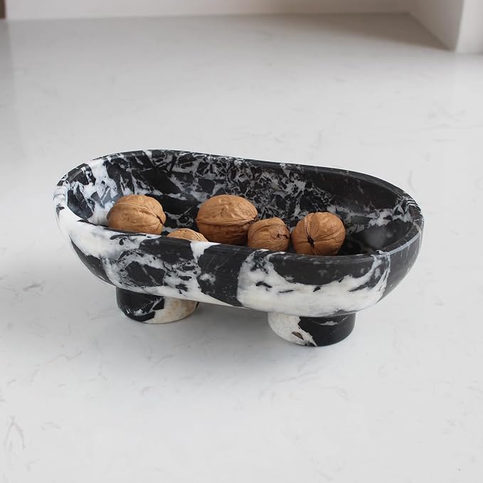 Nawgnail Natural Oval Calacatta Black Marble Fruit Bowl for Kitchen Counter 10", Large Decorative Bowl Two-Legs for Home Decor, Fruits Holder For Dining Table - Kitchen Organization