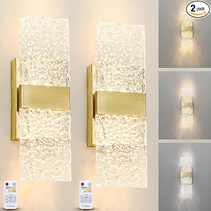 Modern Brushed Gold Battery Operated Wall Sconces Set of 2 - Rechargeable Brass LED Wall Lights with Acrylic Shade, Wireless Bedroom/Living Room Art Light Fixtures