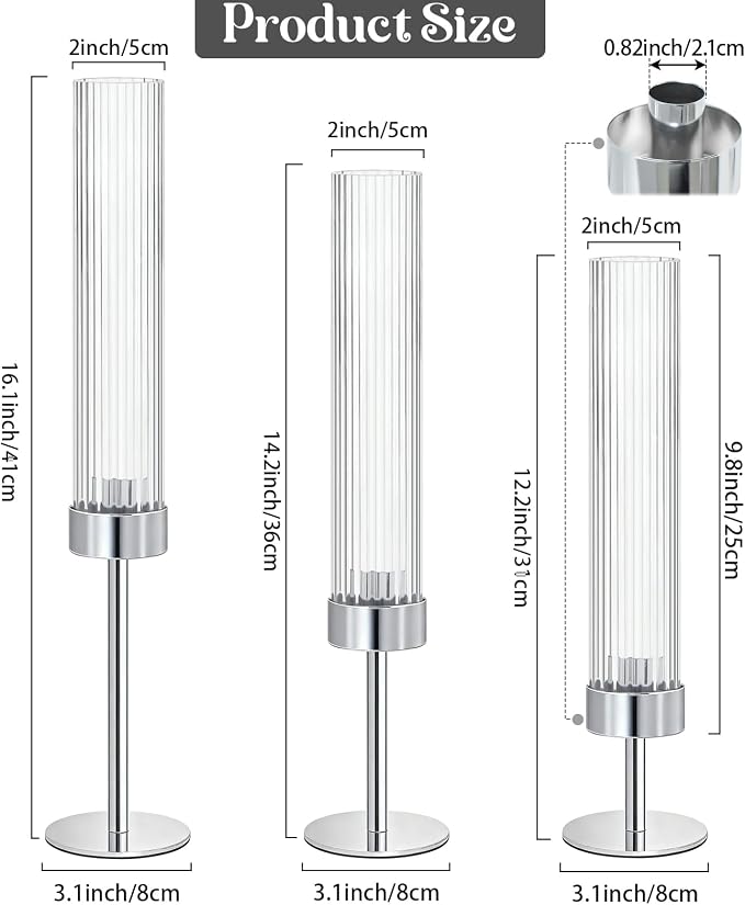 Metal & Acrylic Taper Candle Holders with Ribbed Design - Hurricane Clear Cylinder Candelabra for Wedding, Christmas, Party, Dining Table Centerpiece Decor (Silver, Set of 6)