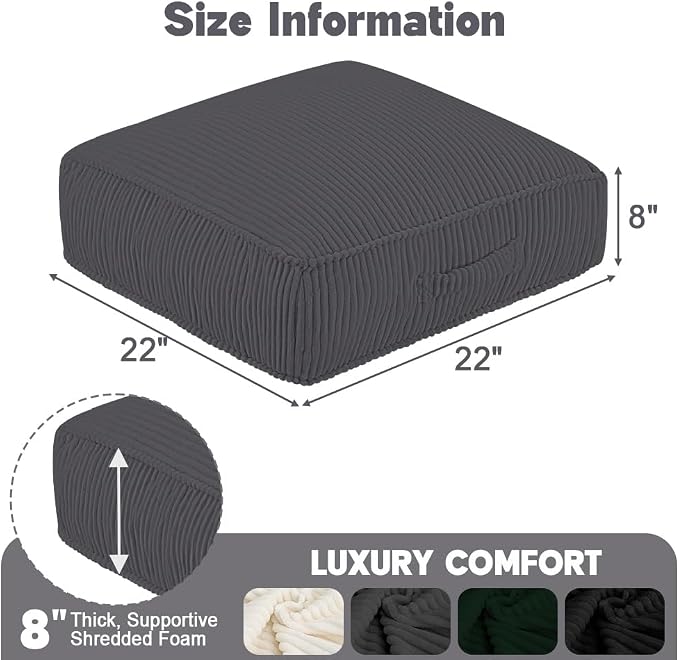 Meditation Floor Pillow Set of 2, 8" Extra Thick Floor Cushion for Sitting with Washable Cover, Large Corduroy Meditation Pillow, 22 inches Tatami Seat with Handle for Yoga Pillow, Grey