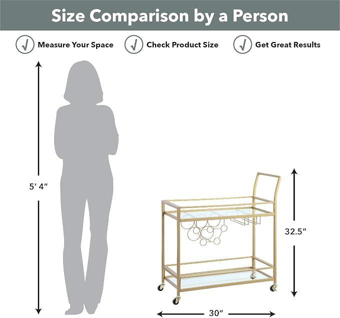 FirsTime & Co. Gold Francesca Bar Cart, 2 Tier Mobile Mini Bar, Kitchen Serving Cart and Coffee Station with Storage for Wine and Glasses, Metal and Glass, Modern