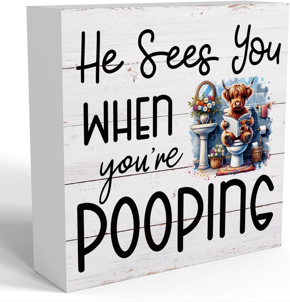 Funny Highland Cow Decor Memorial Day Fourth of July Independence Day Decorations Red White and Blue Decor, Rustic Farmhouse Home Office Wooden Box Sign for Bathroom - He Sees You When You're Pooping
