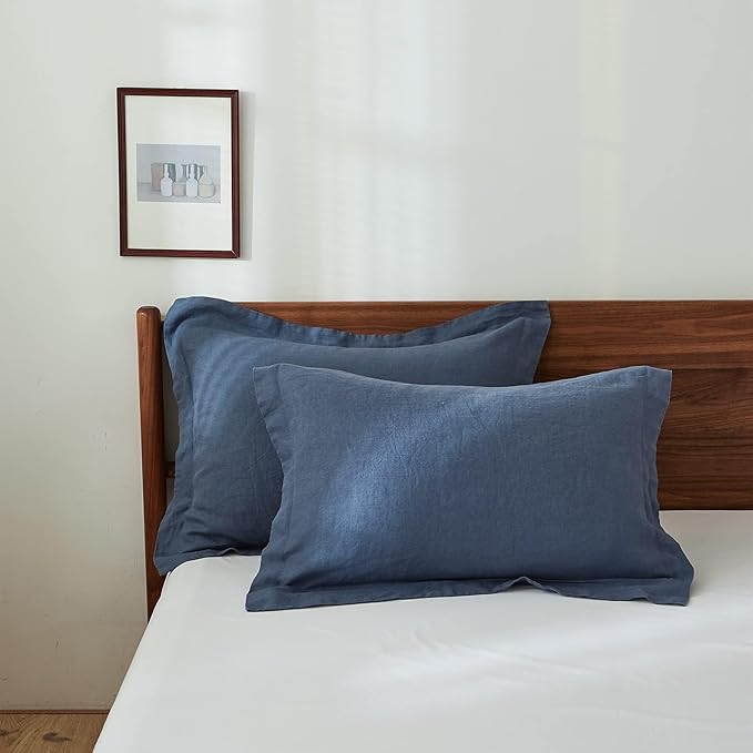 100% French Linen Pillow Shams Basic Style - Pack of 2 - Washed Solid Color Natural Flax Soft Breathable - Classic Blue, 20'' x 26''