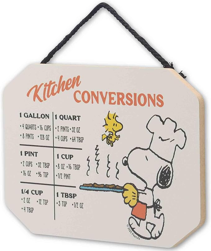 Peanuts Snoopy and Woodstock Hanging Wood Measuring Sign - Fun Chef Snoopy Kitchen Conversion Chart for Home