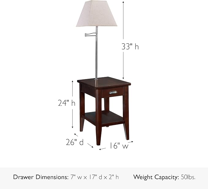 Leick Home Laurent End Table with Lamp, Solid Wood, with Drawer and Shelf, Chocolate Cherry, 10537