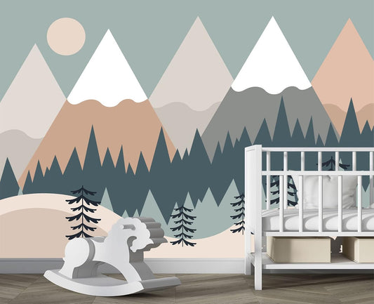 Children's Cartoon Mountain Peak Forest Sun Nursery Wall Mural Wallpaper 178" x 117"