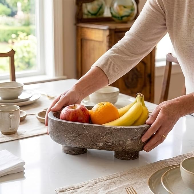 Radicaln Marble Oval Bowl With Stand 10" Inches Oceanic Handmade Decorative Bowl, Ideal Key Bowl & Candle Holder, Candy and fruit Dish For Kitchen Countertop