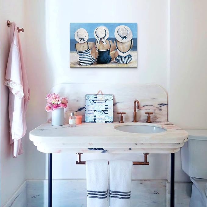 Beach Girls Wall Art Coastal Room Wall Decor Vintage Ocean Landscape Picture Nautical Bathroom Canvas Prints 16x24”, Retro Seascape Poster Swimsuit Girl Painting Modern Artwork Bedroom Decoration