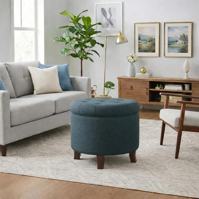 HomePop by Kinfine Fabric Upholstered Round Storage Ottoman - Velvet Button Tufted Ottoman with Removable Lid, Indigo Blue Woven