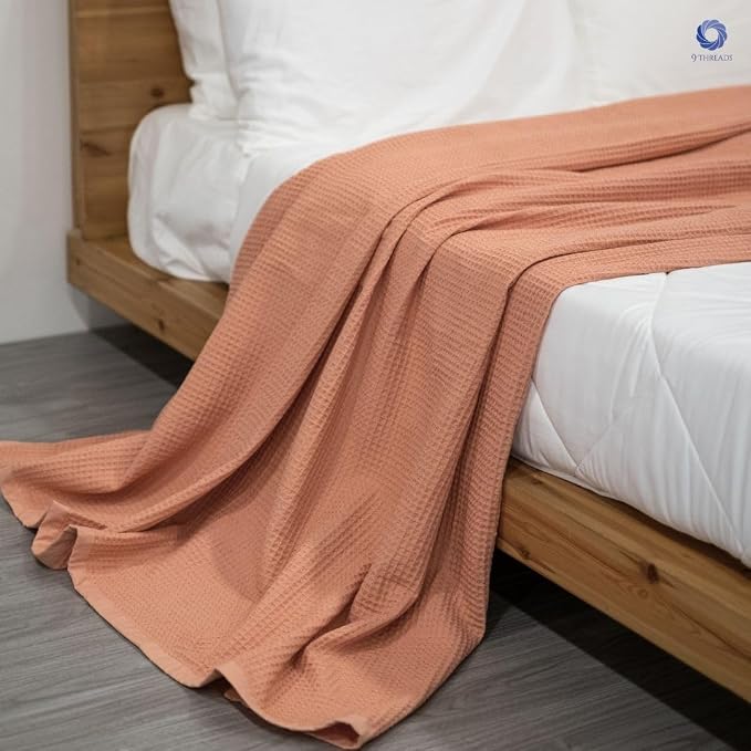 GOTS Certified Organic Cotton Waffle Weave Blanket, Queen Bed Size, 90"X90"Cozy Throw Blanket for Couch, Modern Home Decor, Throw Blankets,Comfy Waffle Blanket, Soft Bed Blankets -Sun Bay