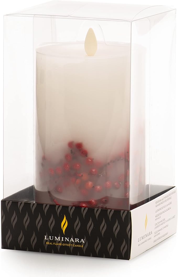 Luminara Embedded Flameless LED Candle - Red Berry 3.5" x 6.5" - Moving Flame Pillar Battery Operated Timer, Real Wax Unscented, Safe