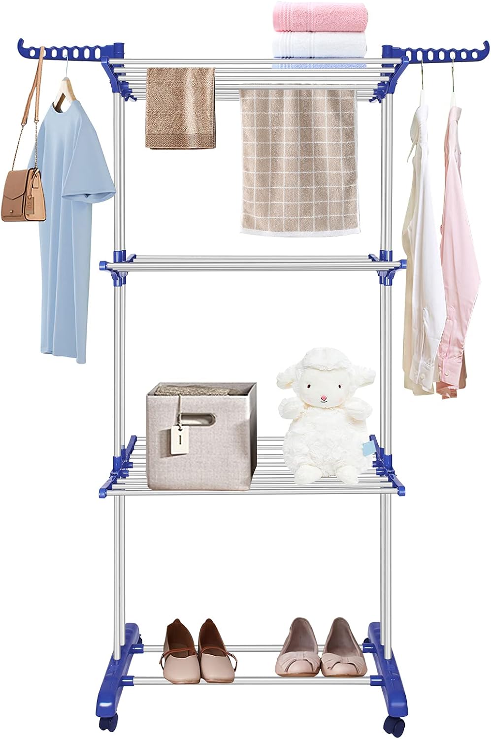 Bigzzia Clothes Drying Rack, Folding Stainless Steel Drying Rack Clothing Indoor Outdoor, Space-Saving, 4 Tier Laundry Drying Rack with Two Side Wings Grey Blue