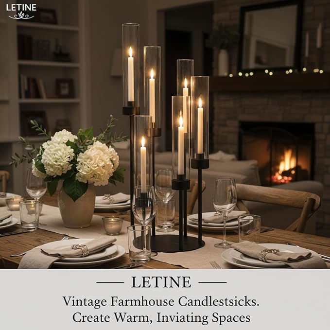 LETINE 6-Arm Black Candelabra, 23.96" Tall Candelabra Centerpieces for Tables with Glass Lampshade & Heavy Base, Vintage Tall Candle Stick Holder for Indoor Outdoor Wedding Party Decor.