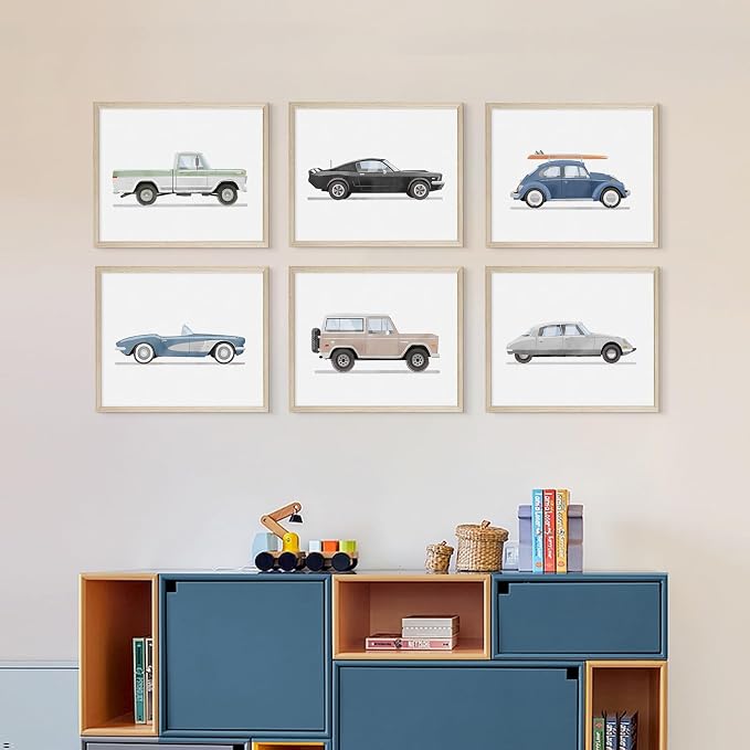 Blue Car Wall Art Decor Boys Room Wall Art Vintage Cars Canvas Poster Pictures Toddler Kids Room Prints Watercolor Vehicle Artwork Painting for Boys Bedroom Nursery 8x10 Inch Wood Framed Set of 6