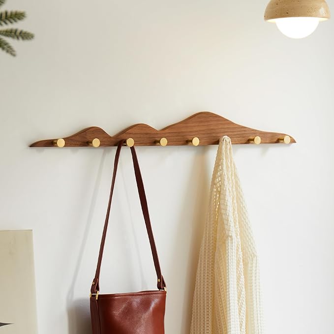 Elegant Wall Coat Rack with Hooks Walnut Wood Solid Coat Hanger Wall Mount with 8 Brass Hooks, Moisture-Resistant Wax Oil Finish for Home (Walnut, 8 Hooks)