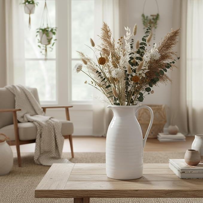 hjn Farmhouse Pitcher Vase for Flowers- Ceramic Pitcher White Flower Vase for Your Kitchen/Home Decor/Office/Living Room/Bookshelf/Mantel/-White