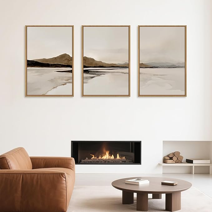 Netural Abstract Mountain Framed Canvas Wall Art Set, Nature Misty Lake Wall Decor,Modern Beige Grey Wall Painting, Minimalist Landscape Art Prints for Living Room,Bedroom,Office -16"X24"X3