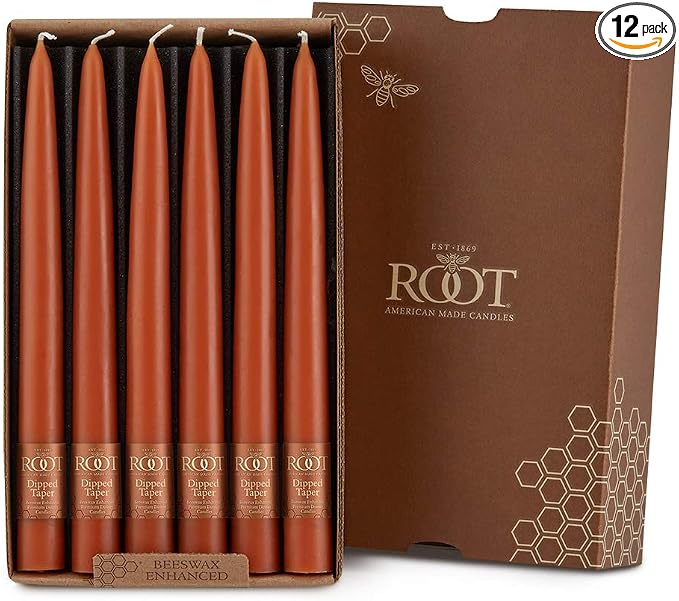 Root Candles 12-Count Unscented Taper Candles Smooth Hand-Dipped Dripless Beeswax Enhanced Boxed Candle Set, 9-Inch, Rust